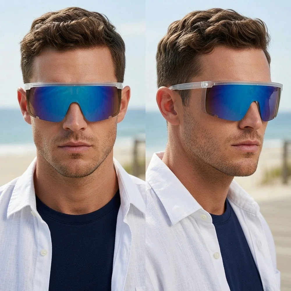 Mens Oversized Shield Sunglasses Blue Mirror Lens Clear Frame Visor‎ Performance